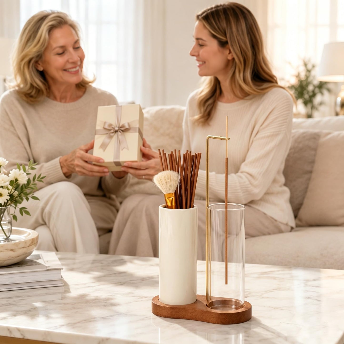 2 in 1 Incense Holder with Glass Ash Catcher, Ceramic Storage Jar, 25 Incense Sticks & Ash Brush, Ideal for Meditation, Yoga, Spa & Home Decor