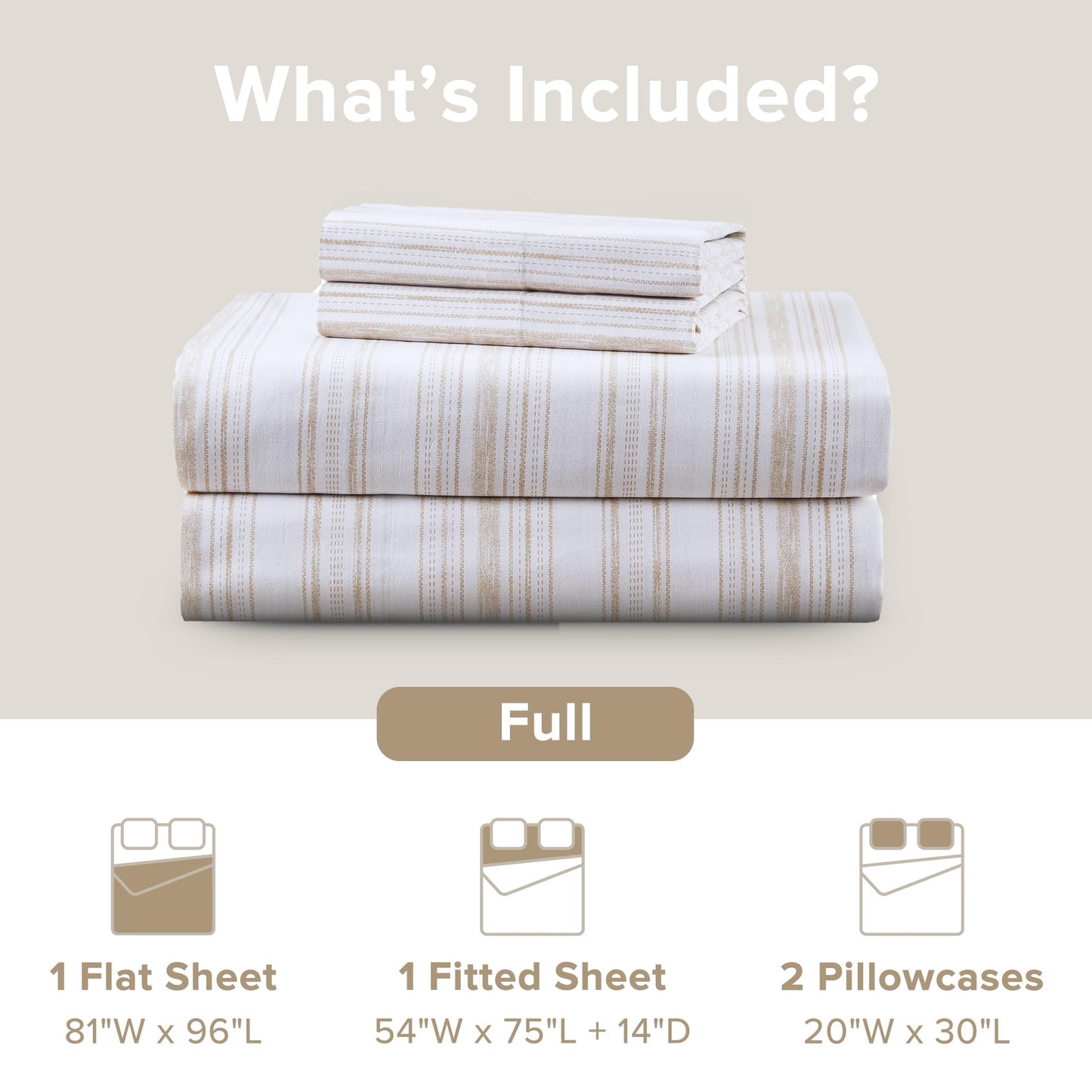 Comfort Spaces 100% Cotton Sheets Full, Breathable, Naturally Cool Cotton Sheets, Cotton Bed Sheets with 14" Elastic Pocket Fits up to 16" Mattress, All Seasons Sheet Set, Good Vibes Taupe 4 Piece