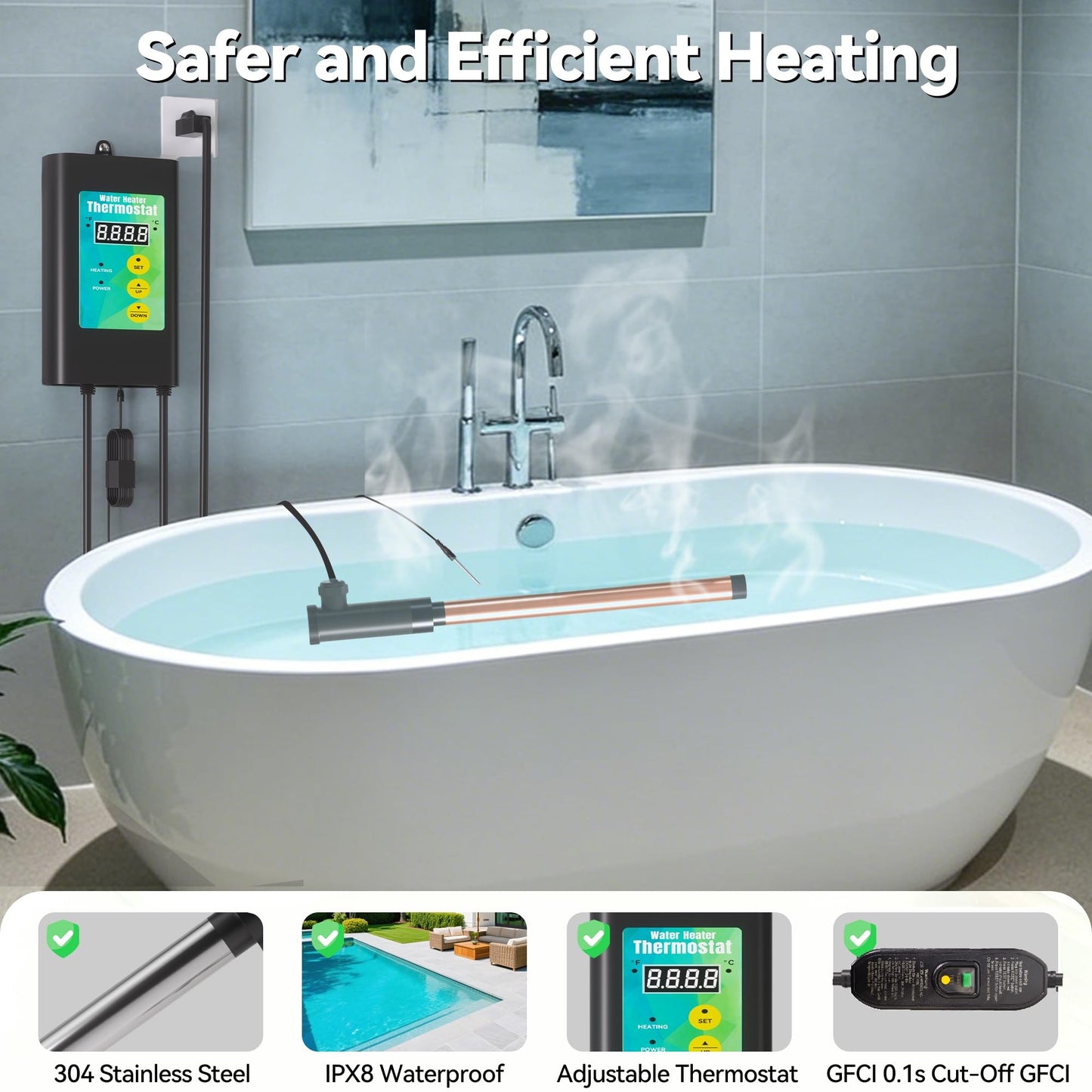 3000W Immersion Heater for Large Hot Tub & Medium Pool Heater, Submersible Immersion Heater with GFCI & Digital Thermostat, for Large Inflatable Hot Tub, Medium Above Ground Pool, Large Stock Tank