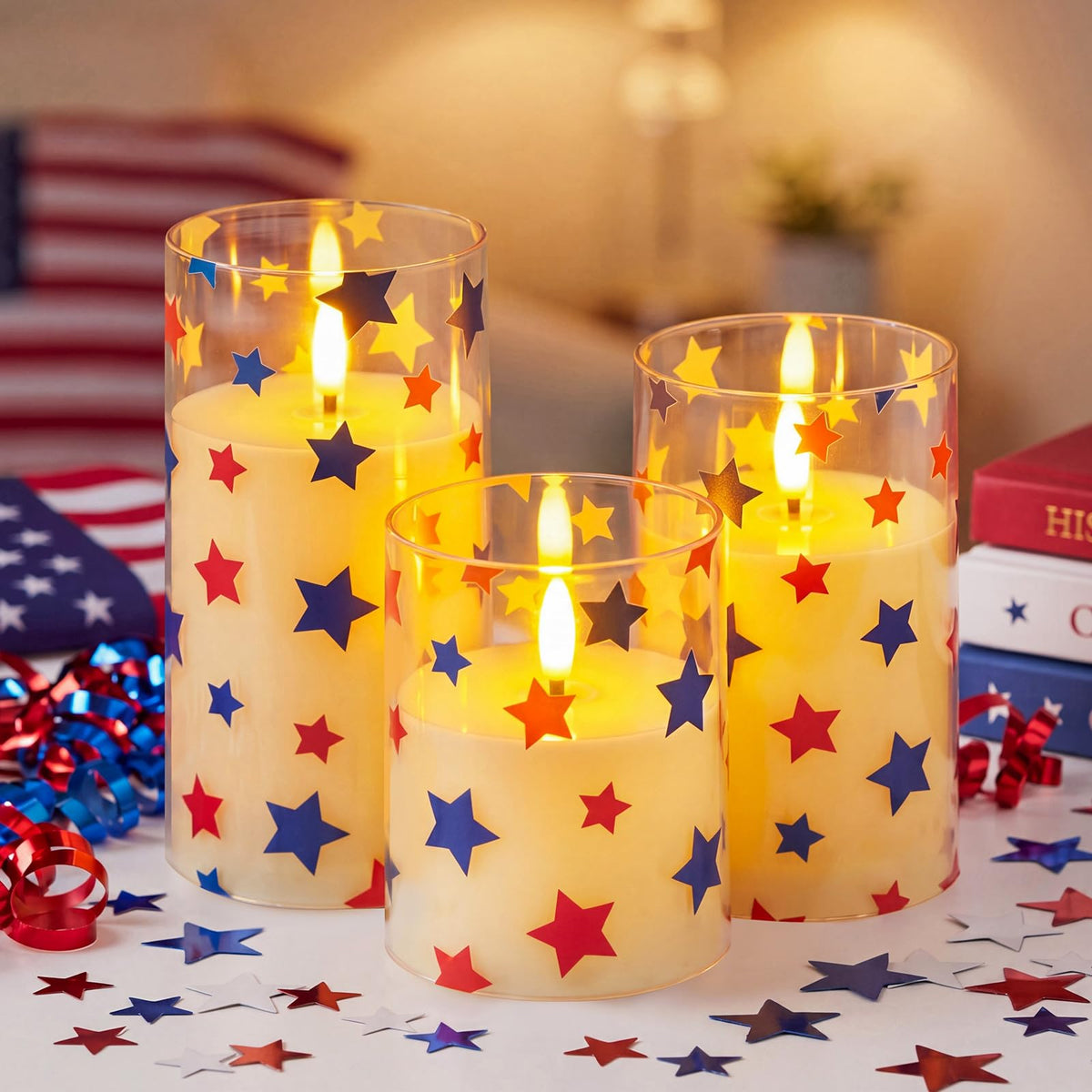 Blosssound 3 Pack 4th of July Flameless Candles Battery Operated Independence Day Stars in Blue Red Flameless Flickering Candles LED for Gifts Home 250th Patriotic Holiday 4th of July Table Decoration