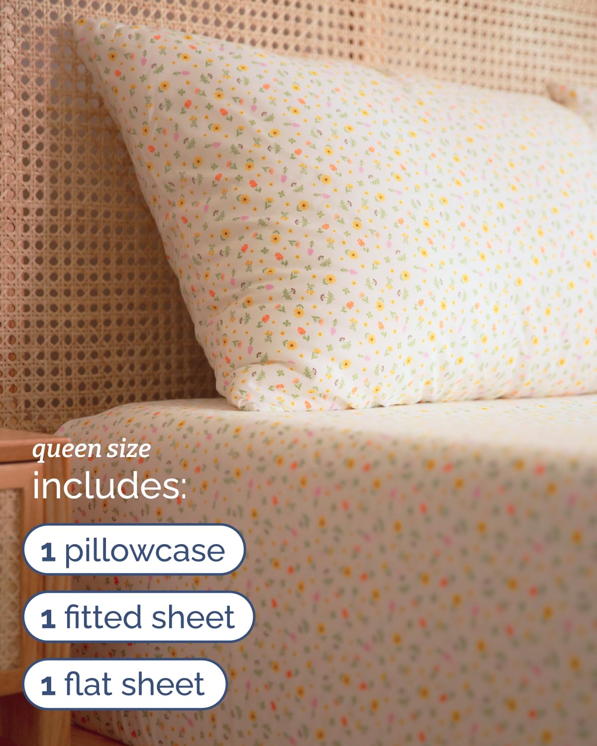 Floral Sheets - Flower Print Bed Sheet Set - 1 Flat, 1 Fitted & 2 Pillowcases w/ Deep Pockets - Comfy, Cozy, Wrinkle & Fade Free - Boho Botanical Bedding - Soft, Breathable & Cooling - Queen Size Set