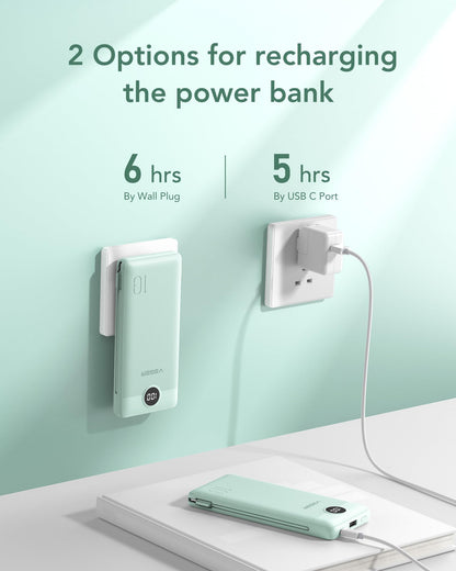 VEGER Portable Charger with Built-in AC Plug and Cables, All in One 10000mAh Ultra Slim Power Bank Travel Essentials, Fast Charging Battery Pack Compatible with iPhone, Samsung, Android (Green)