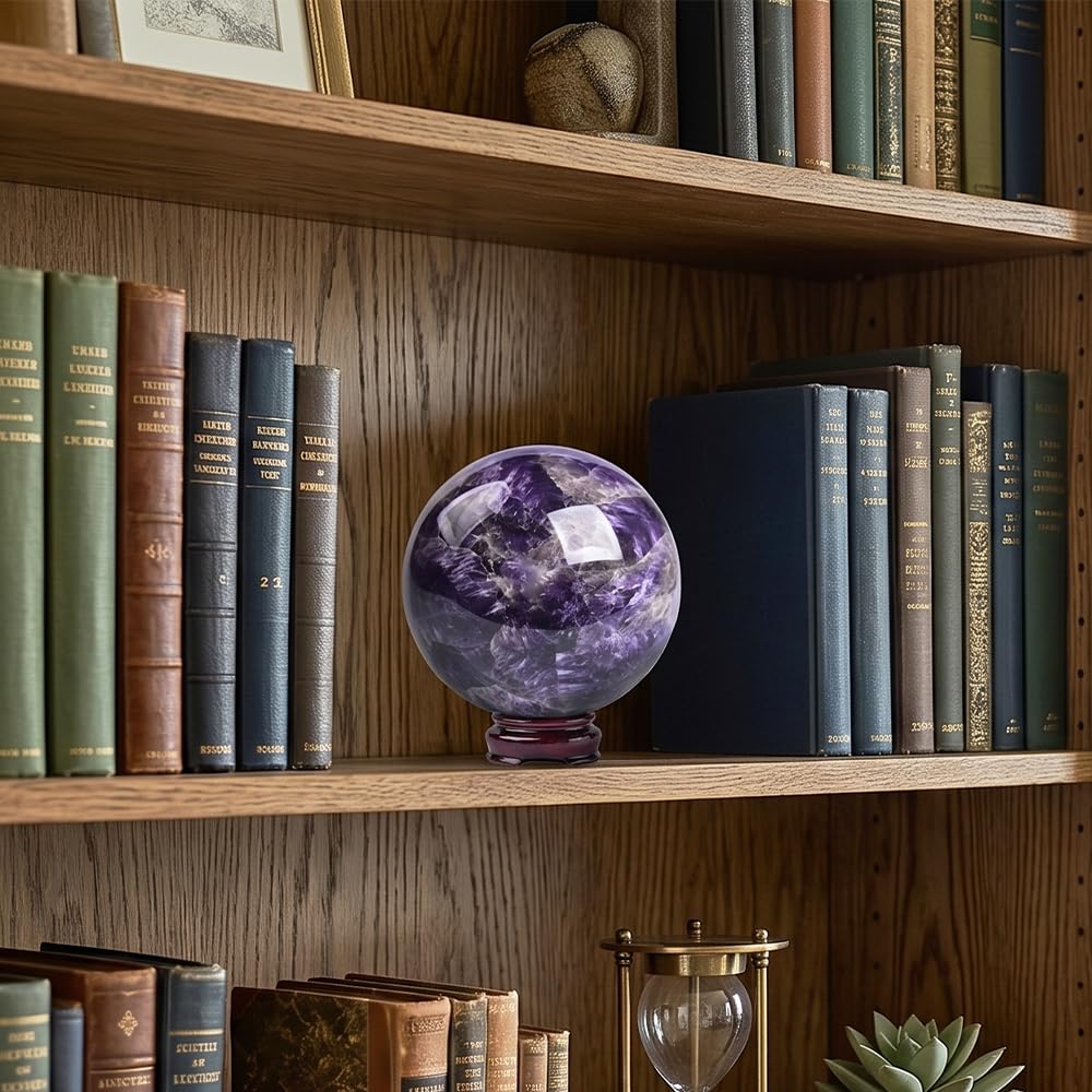 2.36-2.76inch/6-7cm Natural Crystal Ball Amethyst Sphere with Stand, Hand Polished Decorative Sphere Healing Crystals Ball Healing Stone Crafts Fengshui Home Decoration Collect