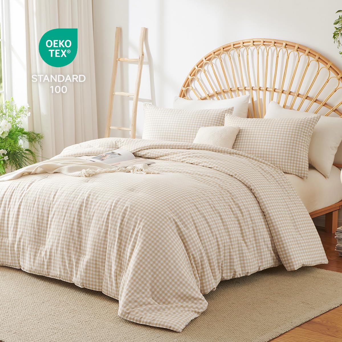 Erwinmu Gingham Comforter Set King Size - 3 Pieces Beige White Gingham Comforter Bedding Sets Checkered Pattern,Kingsize Bed in a Bag with Plaid Comforter and 2 Pillowcases