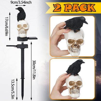 Retisee 2 Pcs Halloween Garden Decor Solar Skull Lights with Black Crow on Skull Waterproof Solar Skeleton Lights Outdoor LED Light up Skeletons Halloween Outdoor Decor for Garden Pathway Lawn Yard