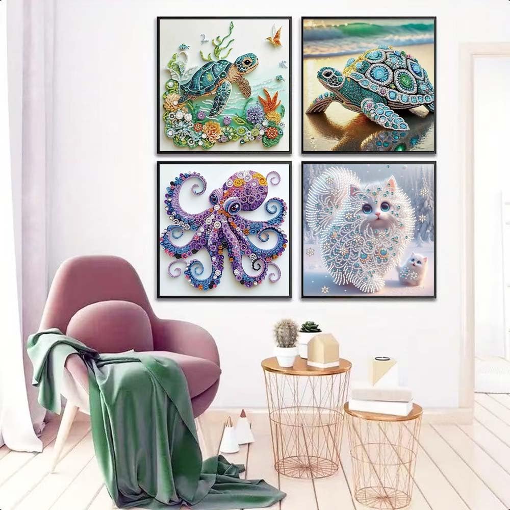 4Pack Diamond Painting Kits For Adults,Sea Turtle Special Shape Diamond Art Kits For Adults Beginners, DIY Diamond Crystal Rhinestones Gem Art Animal Octopus and Cat For Home Wall Decor 12 X 12Inch