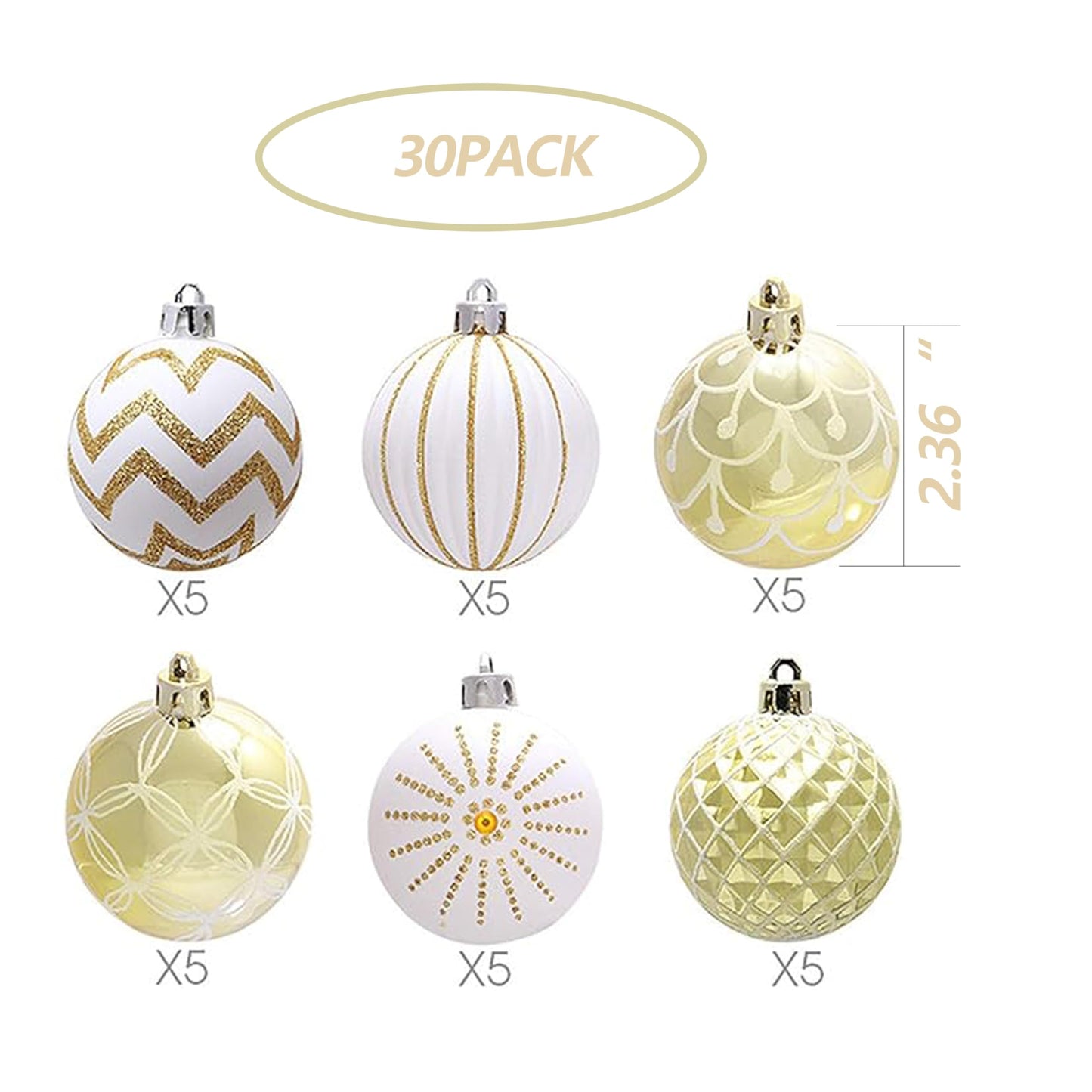 30PCS Christmas Balls Ornaments,60MM Gold&White Painted Shatterproof Festive Wedding Hanging Ornaments Christmas Tree Decoration