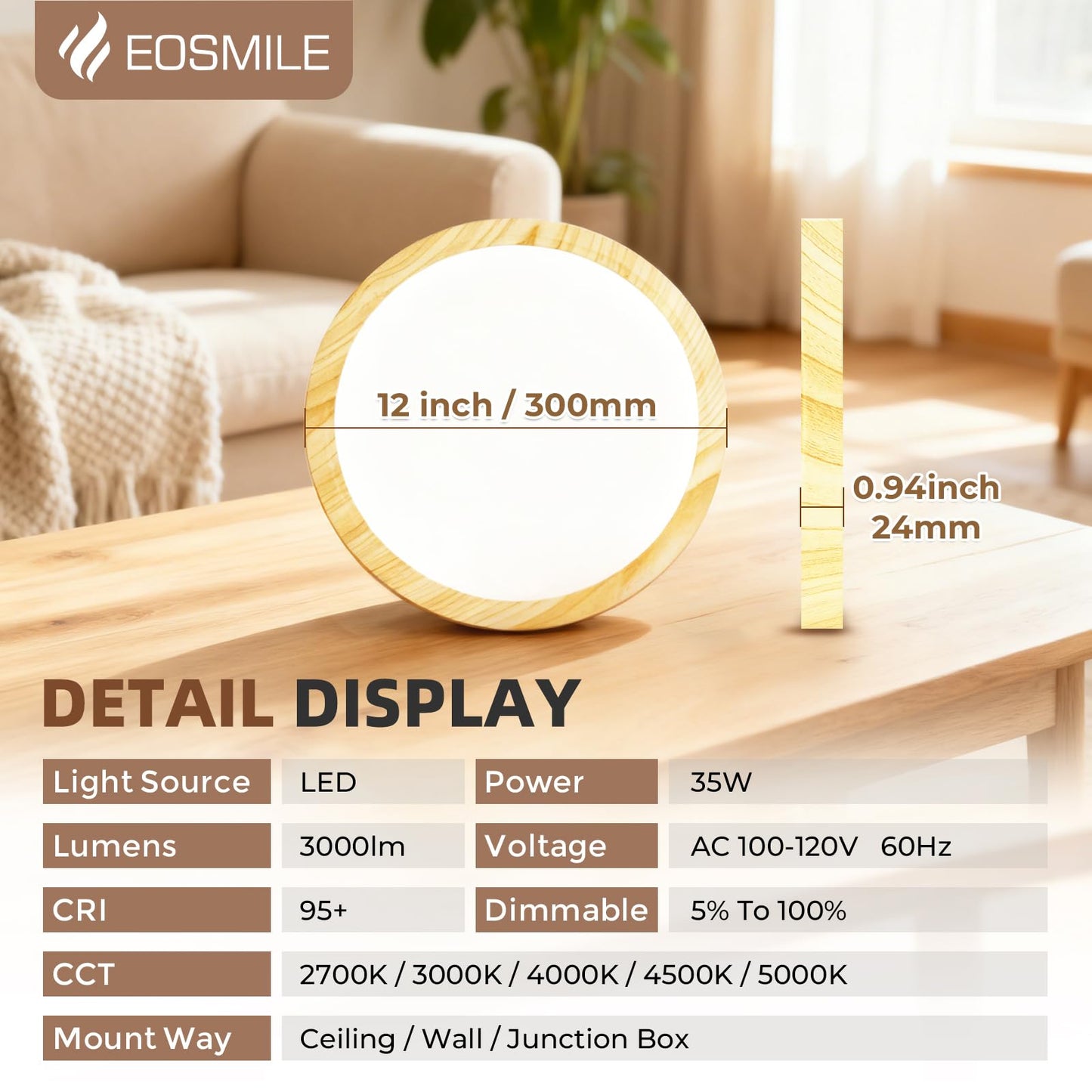 EOSMILE 12 Inch Wood Grain LED Flush Mount Ceiling Light, 25W, 3000LM, CRI 95+, 2700K-5000K 5-Color Selectable & Dimmable, Thin Flat Surface-Mounted Fixture for Bedroom, Hallway, Living Room