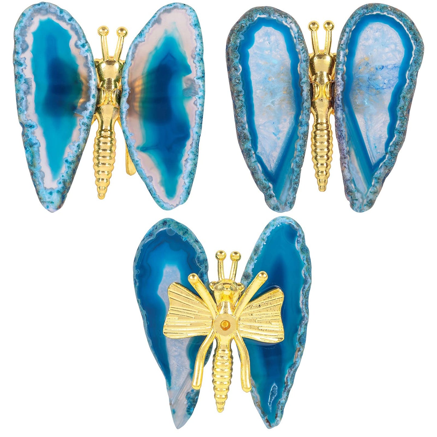 SUNYIK 2PCS Blue Agate Slice Butterfly Stand Figurine, Healing Stone Butterfly Wings Decor for Home Office Table Desktop