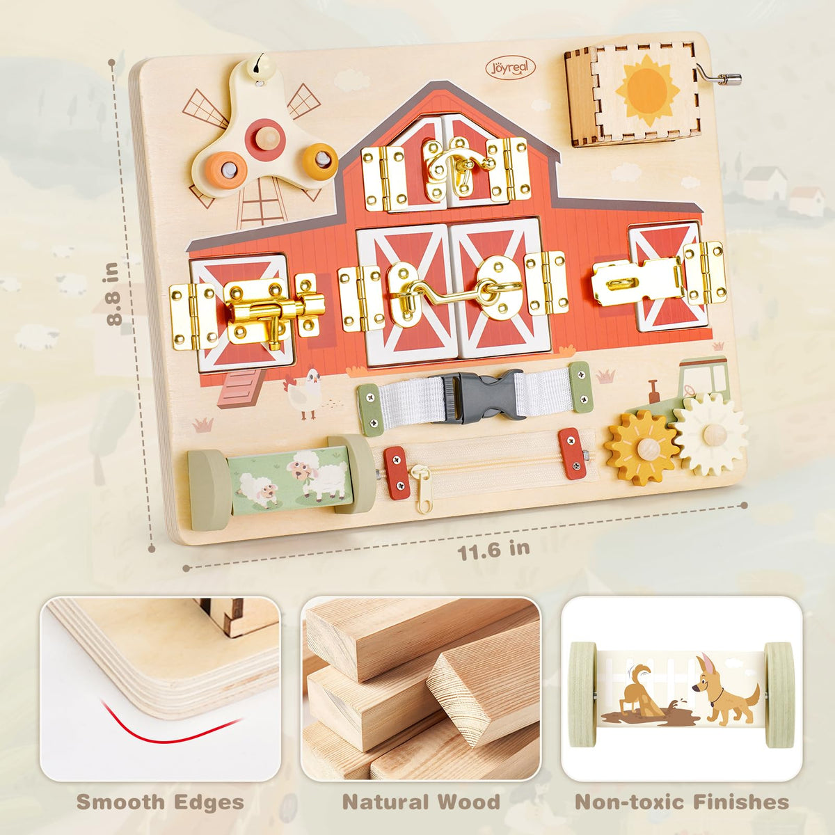 Joyreal Wooden Montessori Busy Board for 1 2 3 Year Old Toddlers, Farm Themed Sensory Toys for Kids, Fine Motor Skills Activity Board with Music Box & Latches, Learning Toys Gift for Autistic Children