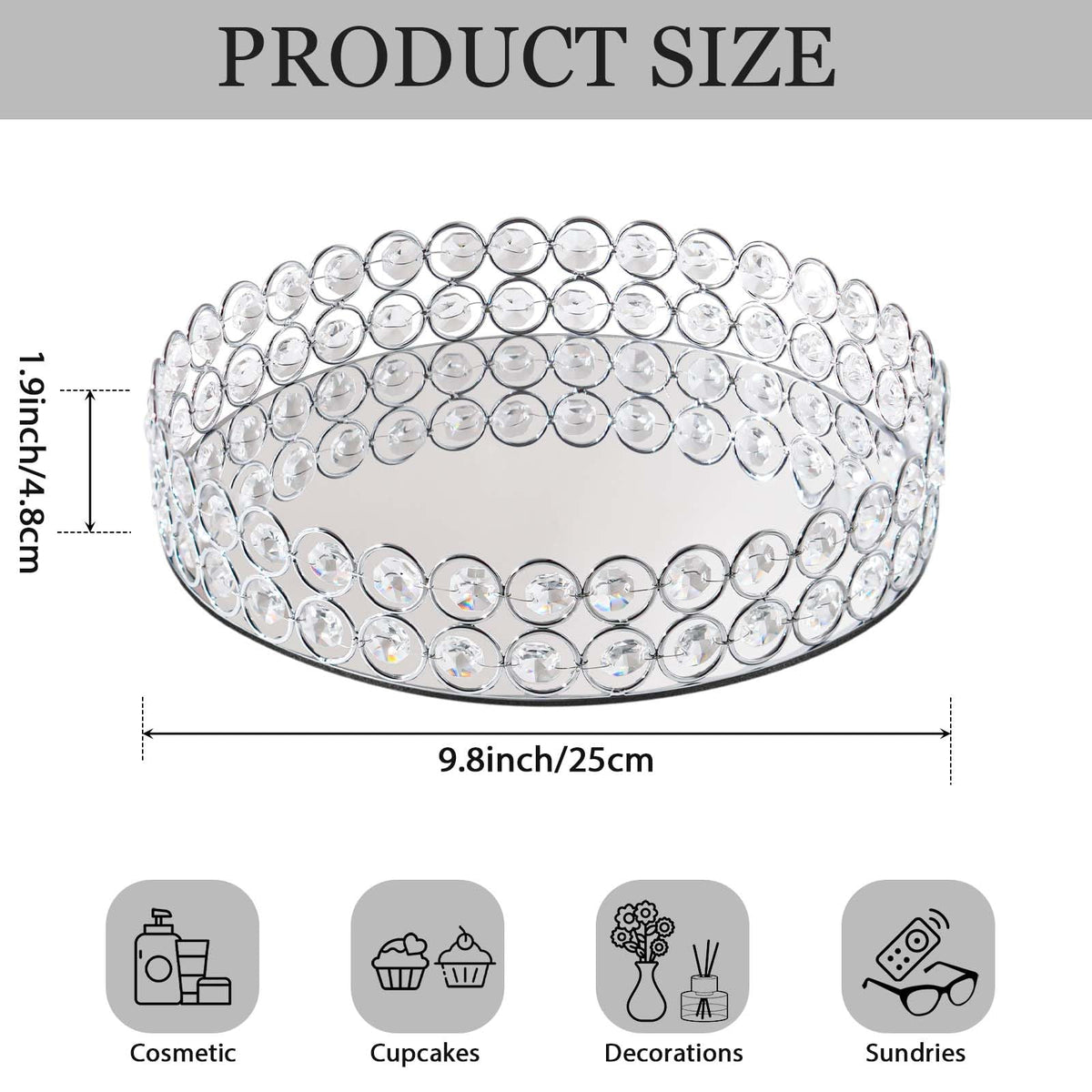 KEHAIL 2 Pcs Silver 10" Round Metal Mirror Crystal Tray – Vanity Tray for Makeup, Perfume, Jewelry & Dessert Display, Elegant Decorative Serveware, Christmas & Birthday Gift