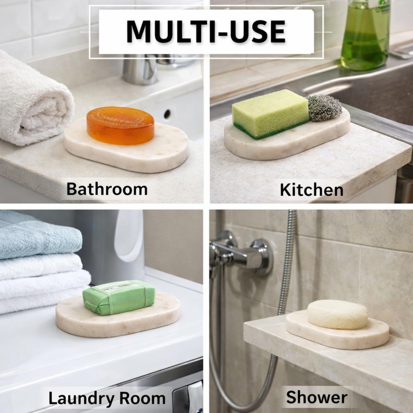 KC KULLICRAFT Marble Soap Dish Draining, Soap Dish for Shower, Bathroom, Sink Bath tub Dish, Soap Bar Holder, Soap Case, Holder for Sponges Hand Soap - Solid Oval Polished White