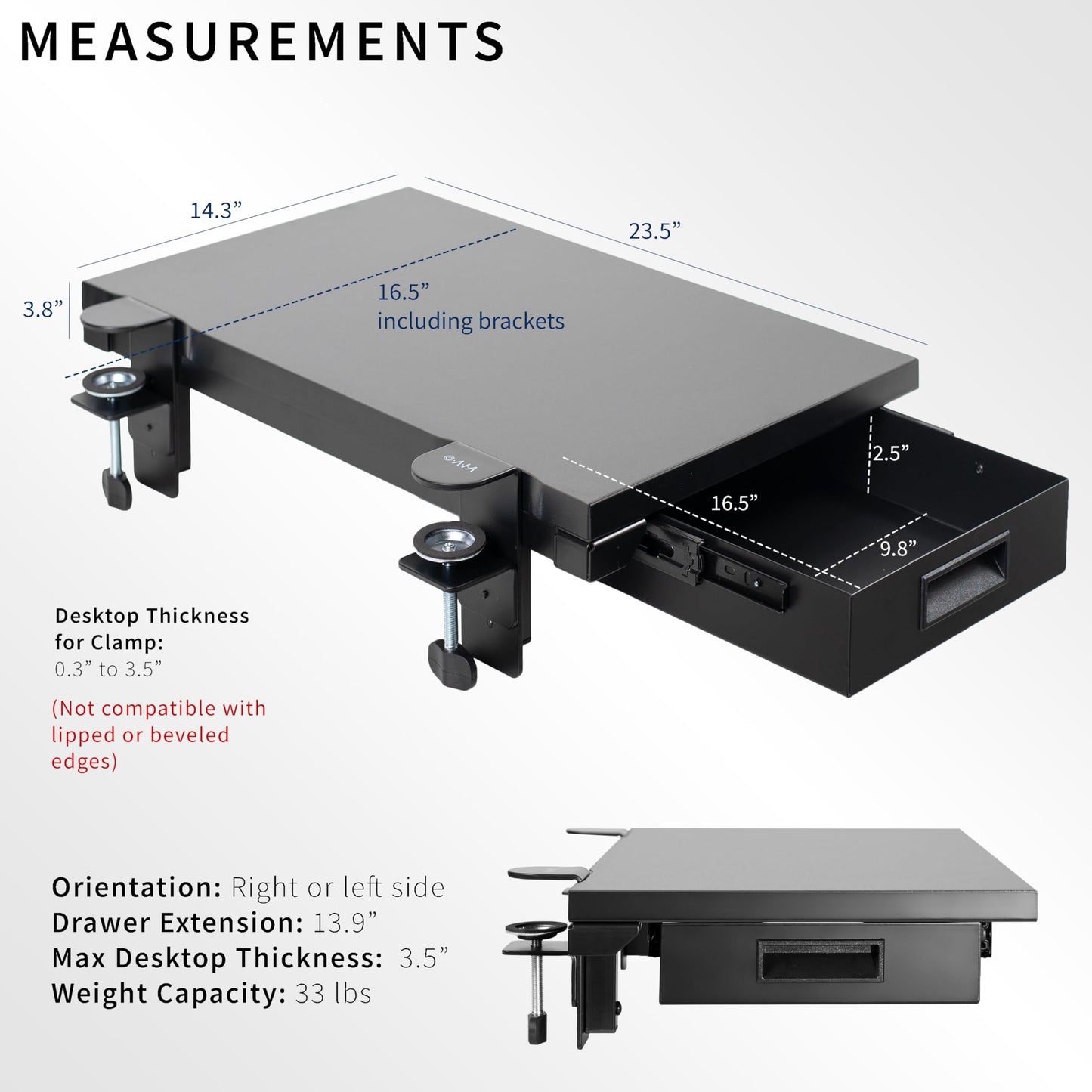 VIVO Clamp-on 6 x 9 inch (11 Including Clamps) Desk Extender, Wrist Support, Armrest Tray, Table Mount for Sit Stand Desks, Black, DESK-EXT09