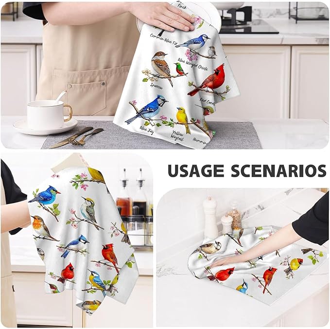 Birds on Branch Kitchen Towels Decorative Set of 4, Absorbent Cardinal