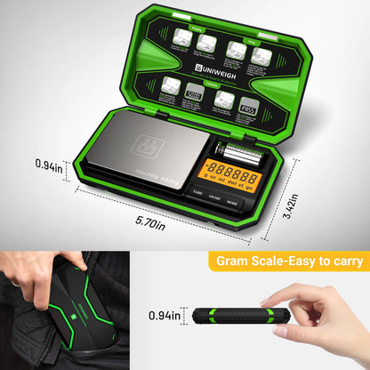 UNIWEIGH Digital Pocket Scale 200g/0.01g, Digital Gram Scales, Mini Food Scale with 50g Calibration Weight for Food,Powder,Tea,Jewelry,Coins,small items scale (Battery Included)-Fluorescent Green