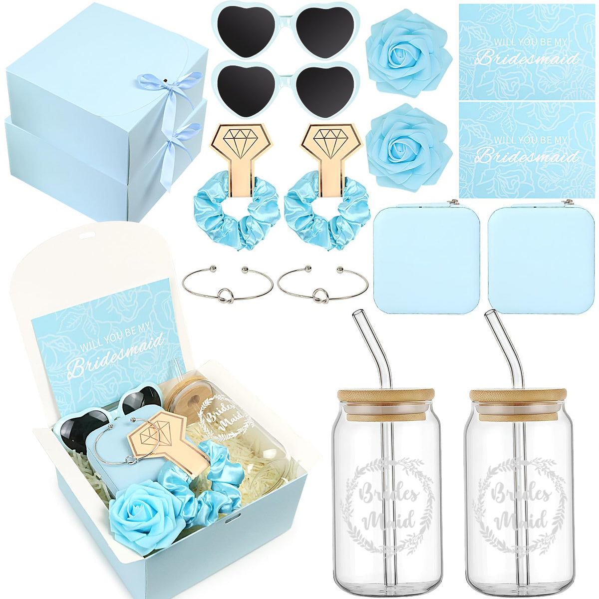 HOMENERGY Bridesmaid Proposal Gifts Set 2 - "Will You Be My Bridesmaid Kit with Elegant Box Jewelry Box Glass Cup Invited Cards Knotted Bracelets Sunglasses Scrunchies Raffia Grass (Blue, 18Pcs)
