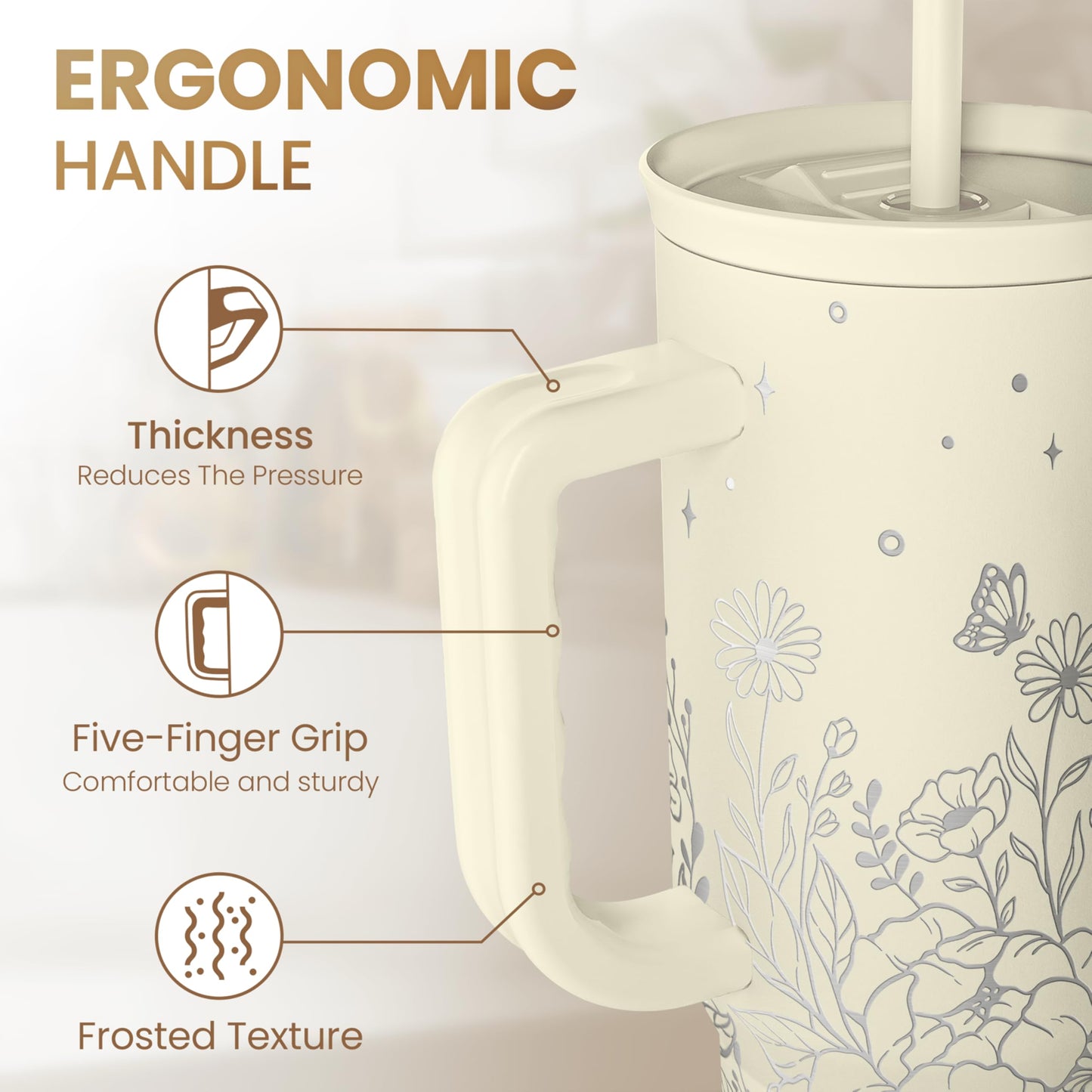 SANDJEST Floral Tumbler with Handle 40oz, Stainless Steel Insulated Tumblers Coffee Travel Mug Cup with Straw, Flower Coffee Cup Gifts for Women Girls, Gift for Her on Christmas Birthday Mothers Day