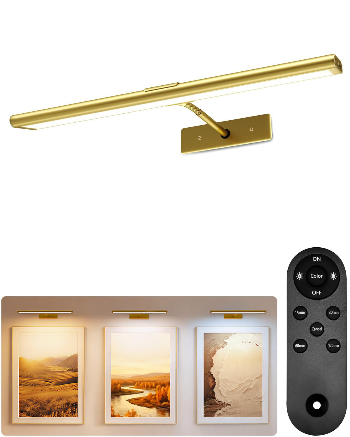 EZVALO Picture Light for Wall, 4800mAh Rechargeable Wireless Remote, 16in Dimmable Magnetic LED Art Display Light with 3 Color Temperatures, for Gallery, Living Room, Bedroom, Hallway (Gold)
