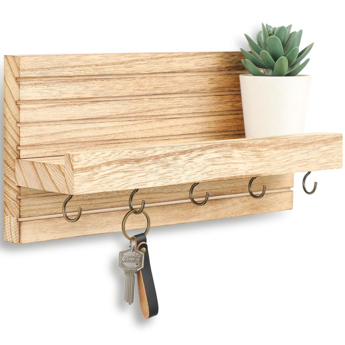 Lwenki Decorative Key Holder for Wall with Shelf, Entryway Shelf with Hooks Holds Leashes, Jackets and Glasses – Sturdy Wood Keyholder Entrance Hanger with Mounting Hardware (Wood, Medium)
