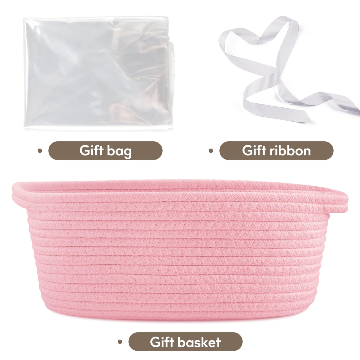 Pro Goleem Small Woven Basket with Gift Bags and Ribbons Durable Baskets for Gifts Empty Small Rope Basket for Storage 12"X 8" X 5" Baby Toy Basket with Handles, Pink