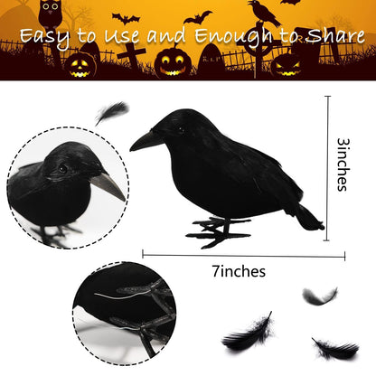 Wakdiz Halloween Realistic Black Crows 6 Pieces Handmade Feathered Crow Ravens, Fake Black Birds Prop Stand Crows for Halloween Outdoors and Indoors Crow Decoration