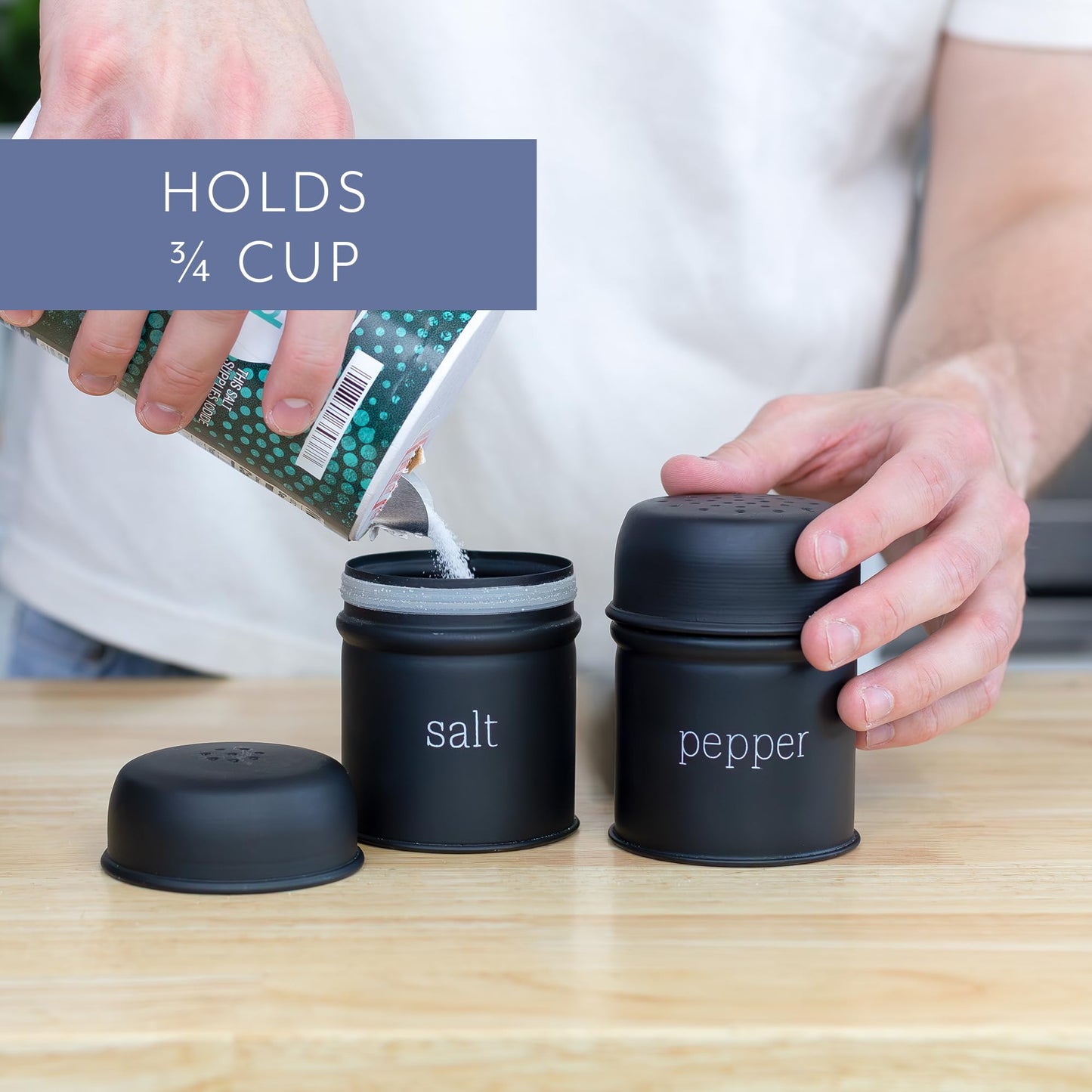 AuldHome Design Salt and Pepper Shaker Set (Black); Contemporary Modern Farmhouse Retro Enamel Style Shaker Set