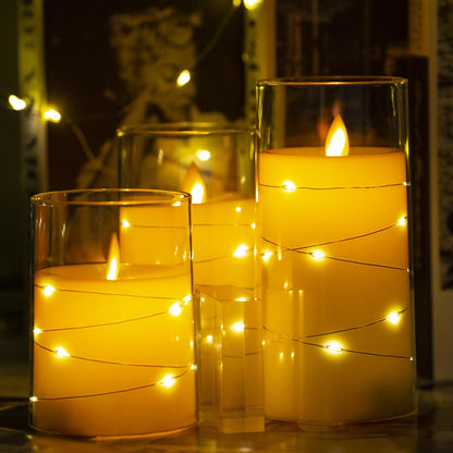 salipt LED Flameless Candles, Battery Operated Flickering Candles, Moving Flame Electric Candle Sets Glass Effect with Remote Timer, Set of 3, H 4" 5" 6" - Fairy Lights Ivory