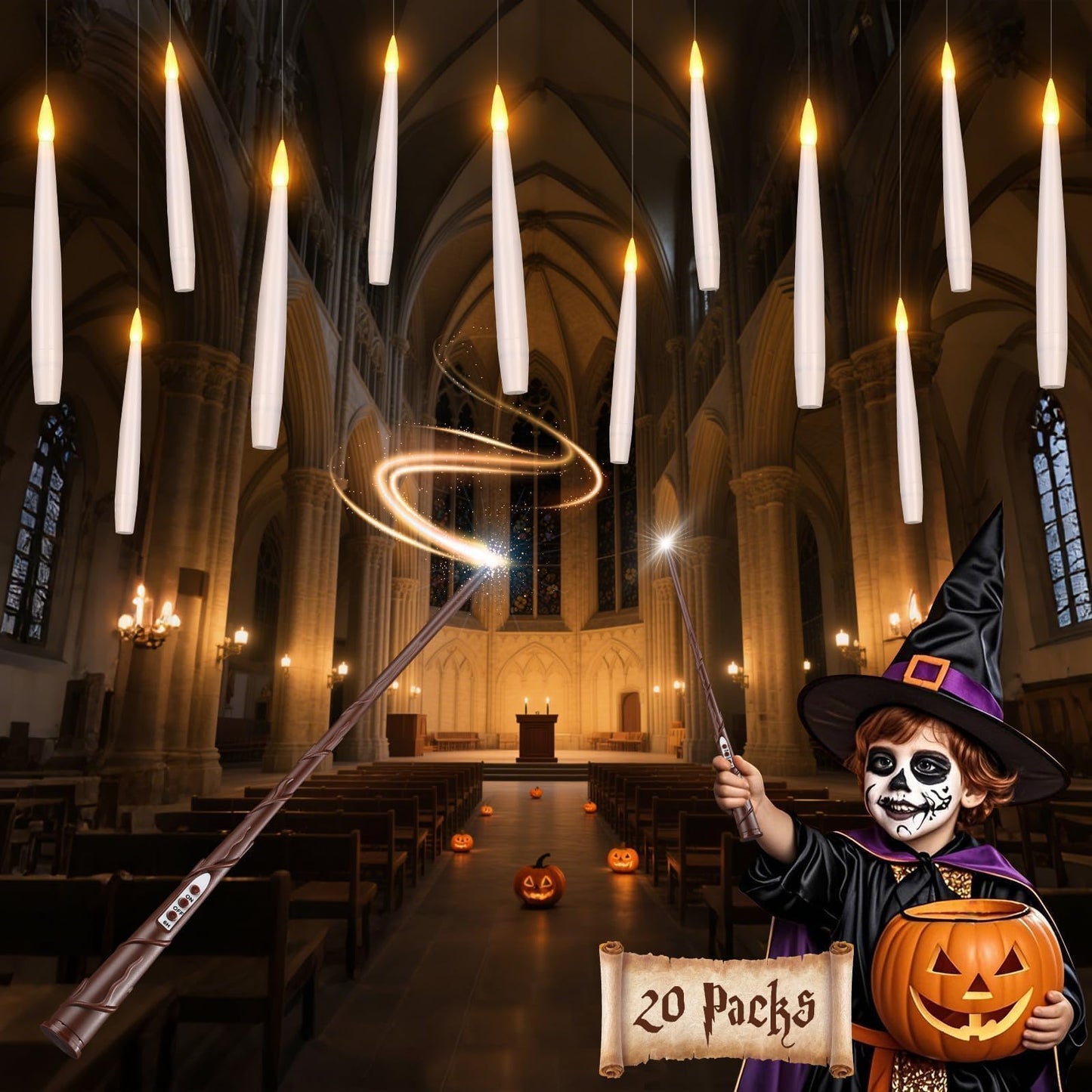 Halloween Decorations Floating Candles with Wand: 20Pcs Flameless Floating Candles with LED Warm Lights Battery Operated Magic Candle for Birthday Gifts Halloween Party Decorations Indoor Home Decor