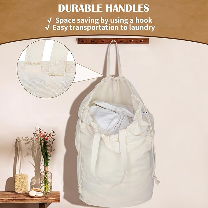 Canvas Laundry Bags with Handles & Square Base 13.8"Lx13.8"Wx27.6"H, Large