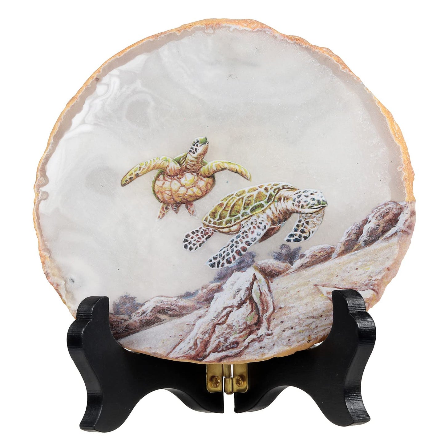 Nupuyai Natural Agate Stone Slice Decor for Home Office, Irregular Geode Agate Painting Artwork with Wooden Stand, Sea Turtle