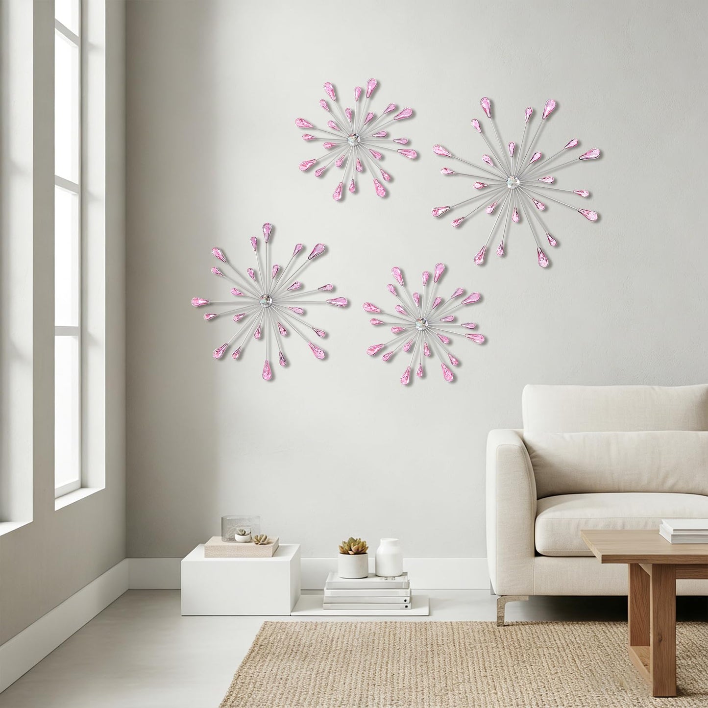 ZEXUIRU 4 Pcs Metal Starburst Art for Wall Decor Living Room Bedroom Dining Room Office - Bling 3D Crystal Rhinestone Sunburst Wall Art -Pink 13in/11.8in/9.8in/9.8in