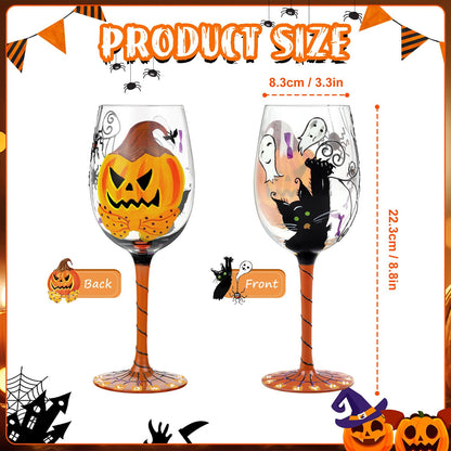 NymphFable Halloween Hand Painted Wine Glass Pumpkin Black Cat Spider Cobwebs Ghosts Unique Halloween Wine Glass for Home Party Friend (2024 Update)