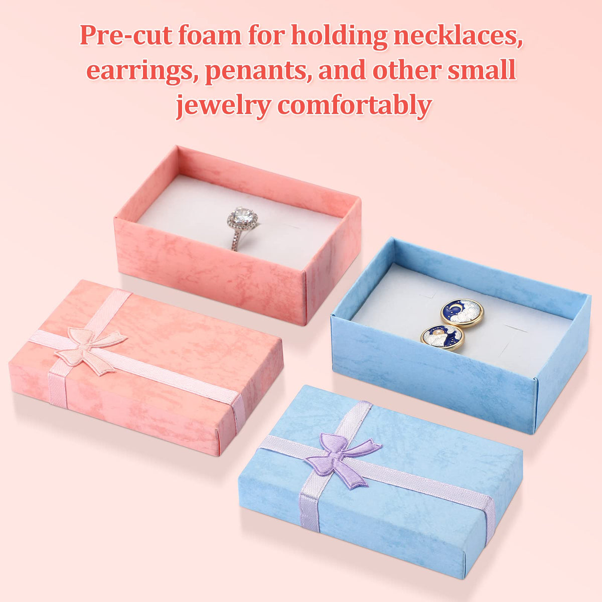 Batiyeer Jewelry Gift Boxes Set Empty Small Gift Cardboard Boxes for Jewelry Packaging with Ribbon Bowknot for Anniversaries Weddings Birthday, 8 Colors (72 Pcs)