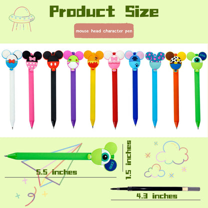 APQA 10pcs Mouse Head Character Ears Pens Set, Retr ctable Ballpoint Pen, Multi Color Jumbo Autograph Princess Pencil Signature Office Desk Stationary Accessories, Gift for Teacher Student