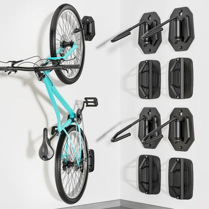 PEGZONE Swivel Bike Wall Mount, Heavy Duty Vertical Bike Rack with Fixed Hooks for Garage Storage, Wall Mounted Bicycle Hangers Holds up to 77 lbs for Indoor, 4 Pack