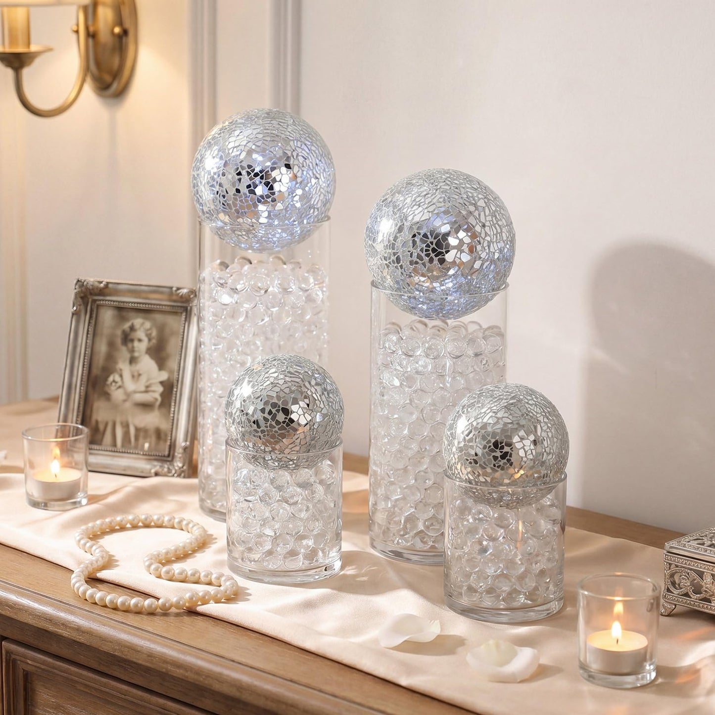 Qinyoung Silver 8 Pcs Decorative Ball for Bowls, 3'' 4'' Glass Mosaic Sphere Decorative Orbs for Centerpiece Bowls Vase Fillers, Wedding, Party, Coffee Table & Home Decor