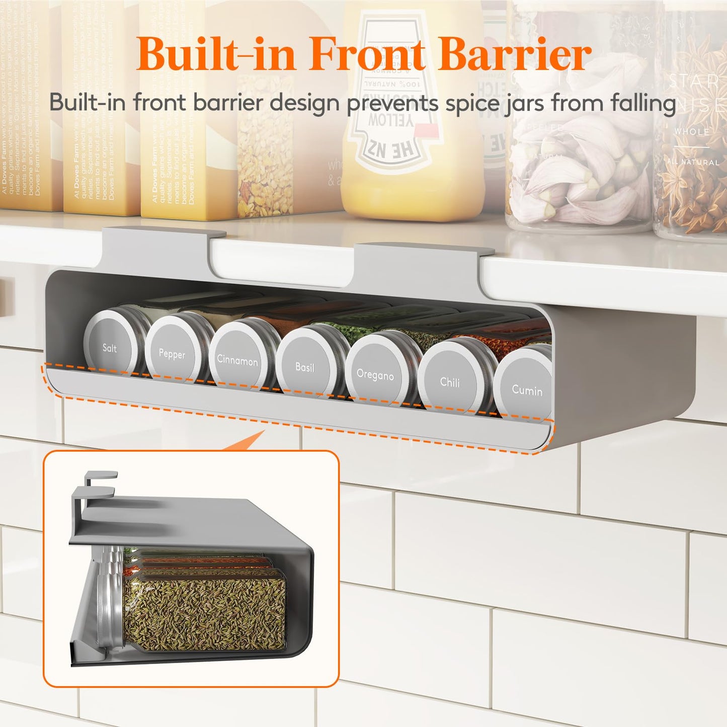 Lifewit Under Cabinet Spice Rack Organizer with 7 Jars, Lables, Under Shelf, Easy Refilling with Silicone Funnel,Seasoning Organizer for Kitchen Storage Solution, Gray