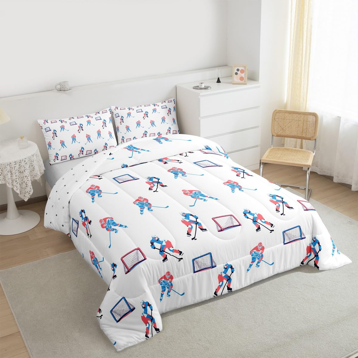 Manfei Hockey Players Kids Comforter Set Queen Size, Bedding Set,Girls Boys Room Decor,Winter Sports Games Quilt Comforter,White Blue Duvet Set Bedroom Quilt Set,2 Pillowcases