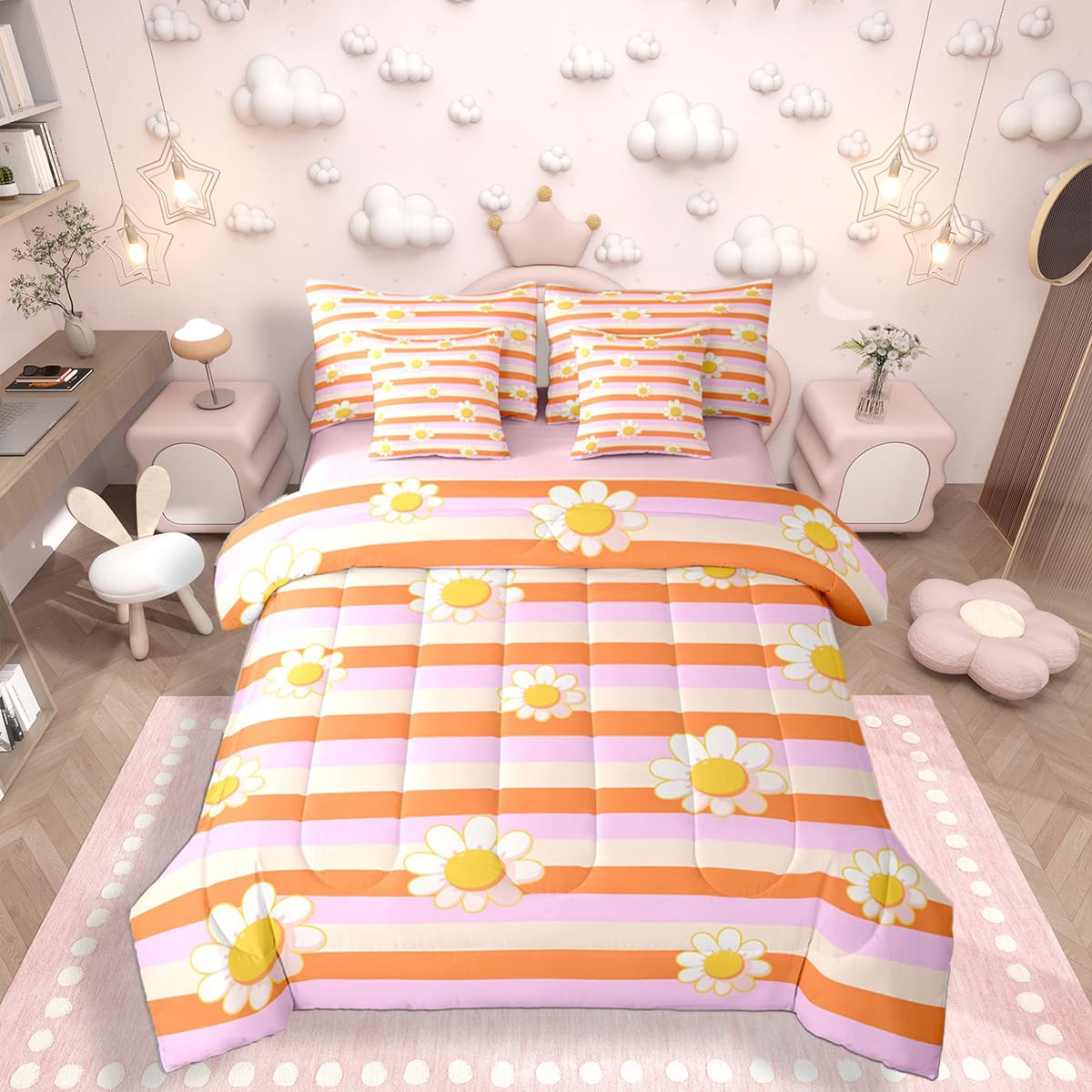 Erosebridal Cute Daisy 7-Piece Bedding Set For Kids Girls Pink Orange Comforter Set With Sheets Twin Size Cartoon Flower Bed In A Bag For Teen Girls Young Women Groovy Trendy Geometric Stripe Bed Sets