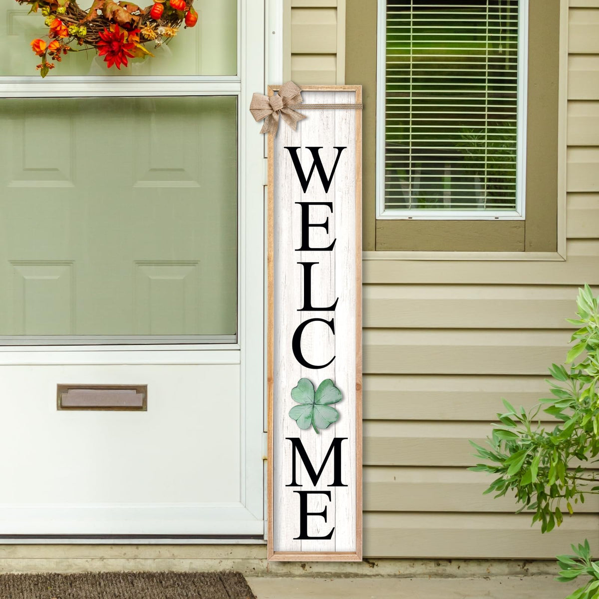 TQianJiang Interchangeable Welcome Sign for Front Porch Standing 45"X9" 12 Pcs Replaceable Signs Vertical Leaner Wood Framed Outdoor Decor (Wood White)