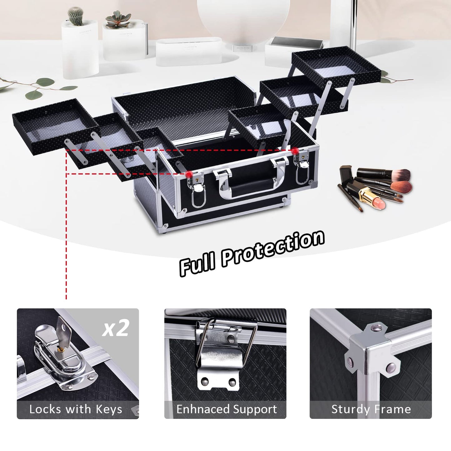 Frenessa 6 Trays Makeup Box Cosmetics Case Jewelry Organiser Vanity Make Up Storage Box Beauty Train Case Lockable with Keys, Black