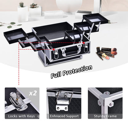 Frenessa 6 Trays Makeup Box Cosmetics Case Jewelry Organiser Vanity Make Up Storage Box Beauty Train Case Lockable with Keys, Black
