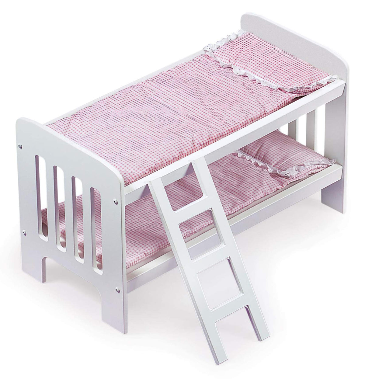 Badger Basket Doll Bunk Bed with Bedding & Ladder - Two Level Wooden Bed for Dolls, Includes Bedding & Accessories- White/Pink Gingham