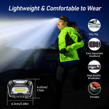 Blukar Head Torch Rechargeable, 2000L Super Bright LED Headlamp Headlight with Sensor Control, 6 Light Modes, IPX5 Waterproof, 30 Hrs Runtime for Power Cuts, Emergency, Running, Hiking etc.