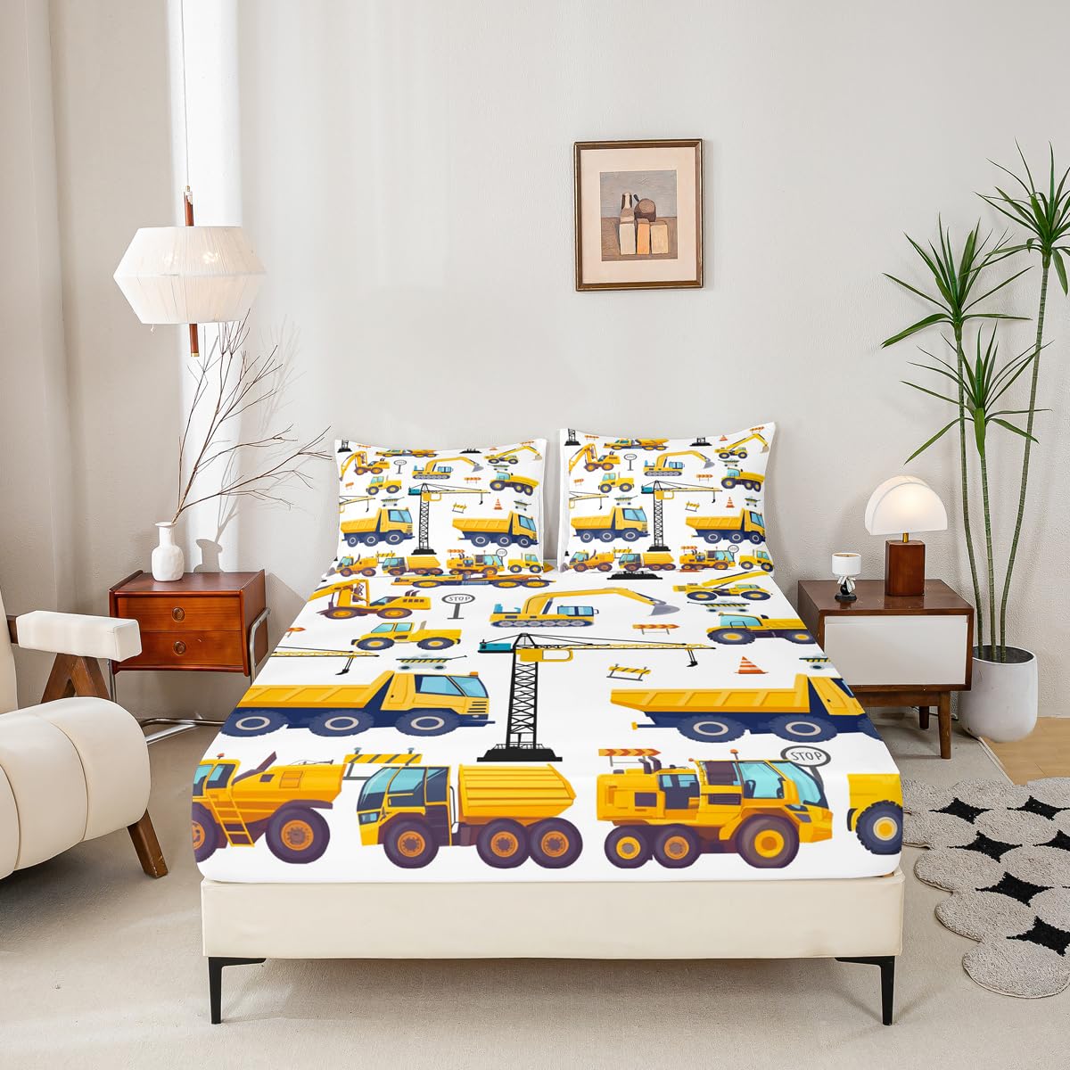 Erosebridal Kids Construction Bed Sheets Twin Excavator Truck Fitted Sheet for Boys Tractor Vehicle Toddler Bedding Sheets Cartoon Car Bed Set Yellow Blue 1 Pillow Case Child Room Decor
