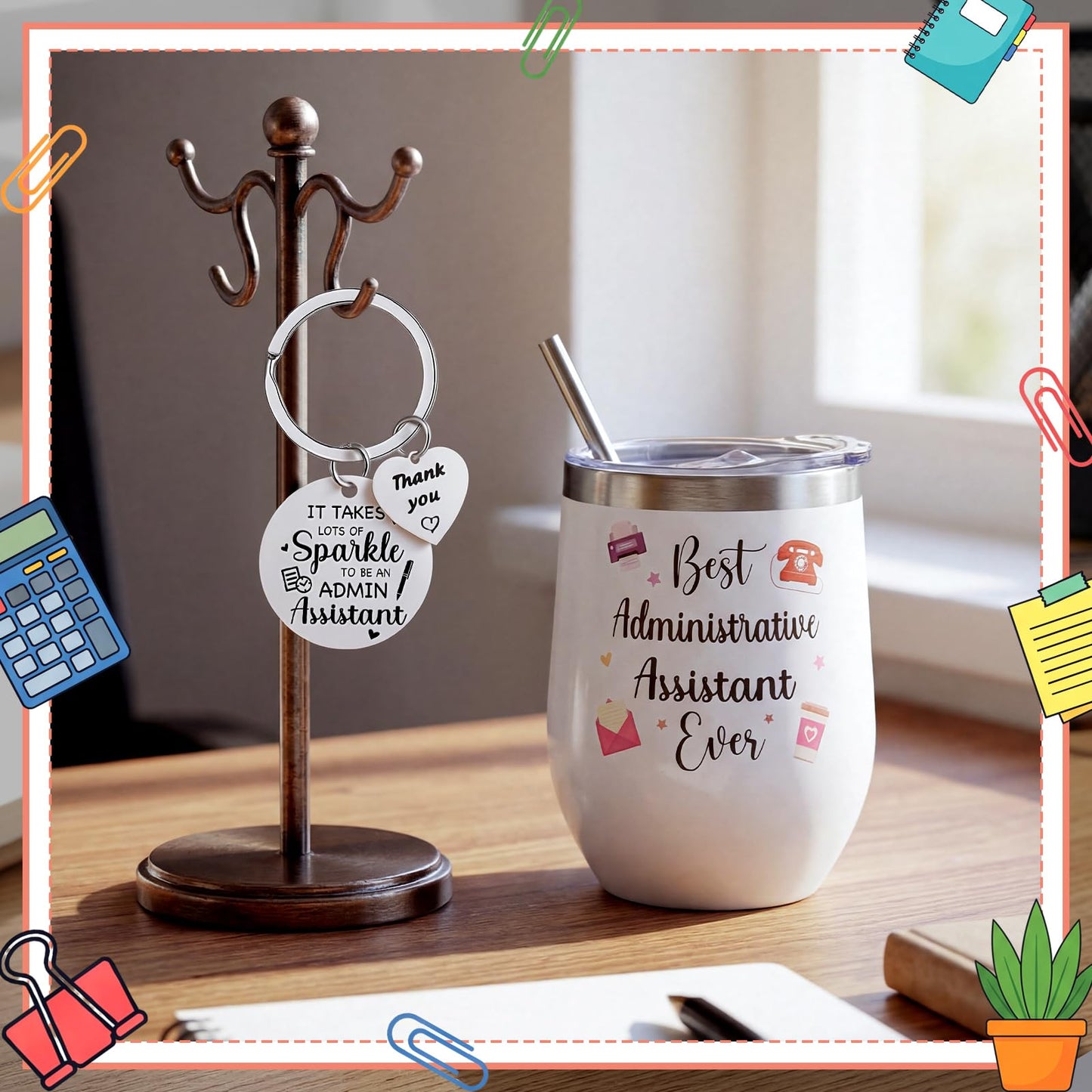 Patelai Admin Professionals Day Appreciation Gift for Women Inspirational Keychain and 12oz Stainless Steel Tumbler with Lid and Straw for Administrative Assistant Employee Appreciation Gifts