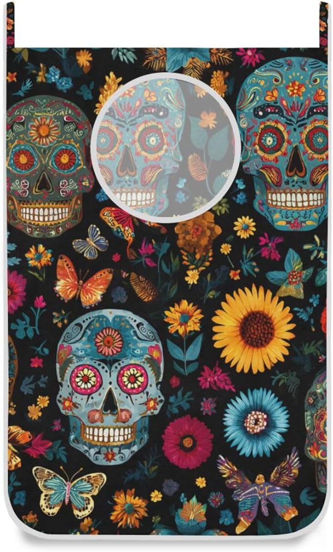 Mexican Skulls and Flowers Hanging Laundry Hamper Door Hampers Bag Basket