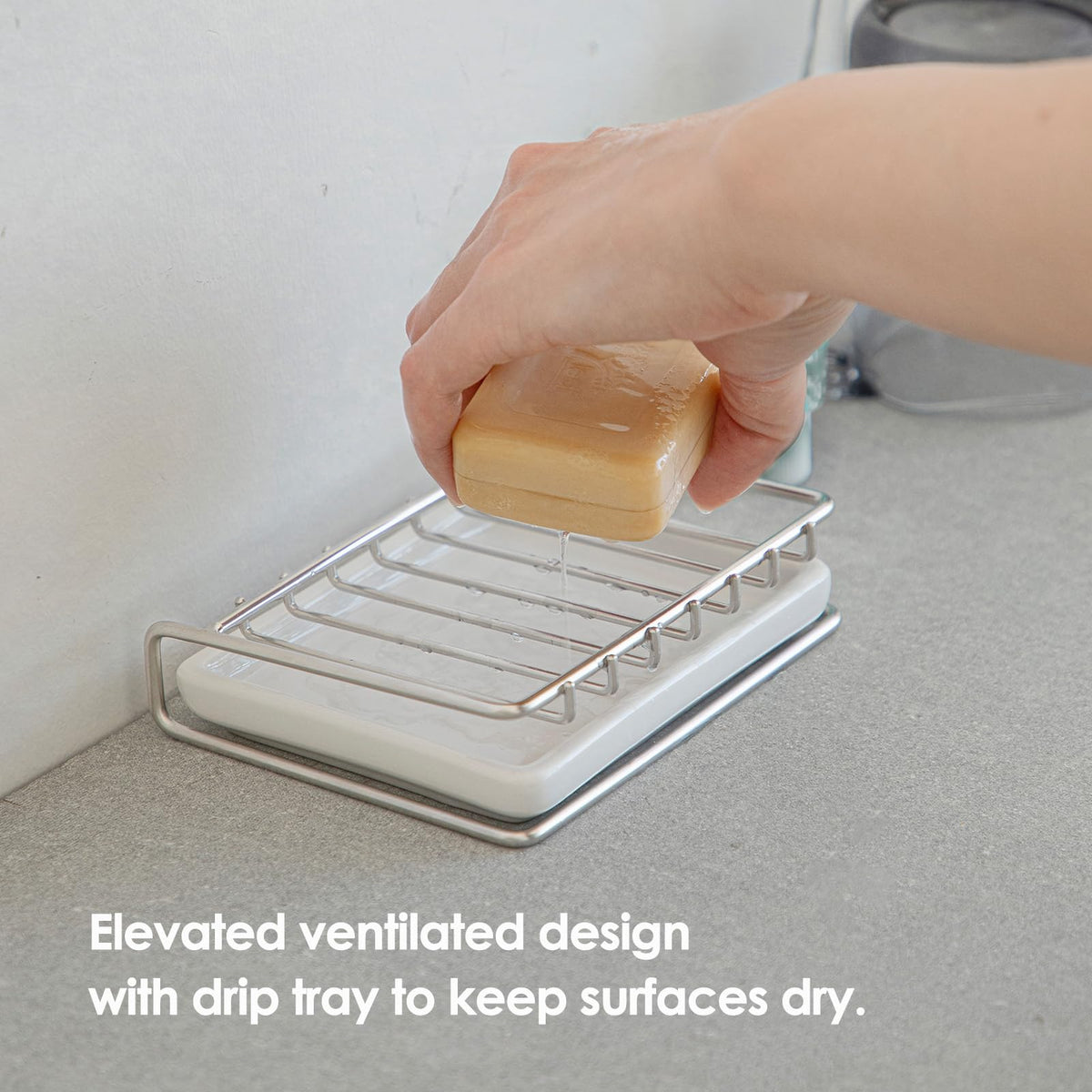 Shimoyama Stainless Steel Soap Dish with Drip Tray for Bathroom Sink, Kitchen and Shower - Quick Drying Soap Holder Keeps Counter Clean and Organized