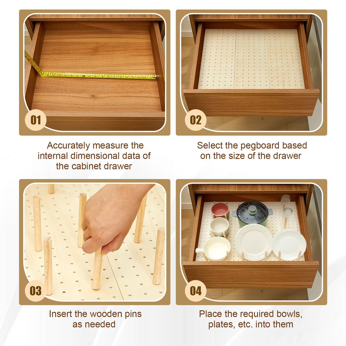 Kigley 3 Pcs Wood Pegboard Drawer Organizer with 32 Pegs Wooden Peg Board Drawer Shelf Organizer Adjustable Peg System for Dishes Plate Pot Container Cookware Utensil Kitchen (Wood,20.98 x 5.91 in)