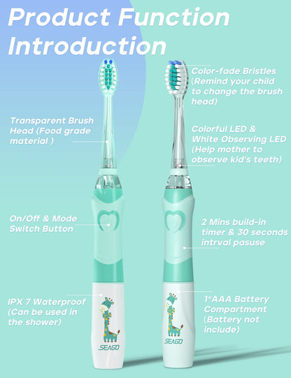 SEAGO Kids Electric Toothbrush with 2 Mins Brushing Timer and 4 Replacement Bursh Heads, Rainbow LED Light Make Brushing Fun, Boys Battery Powerd Toothbrush for 4-12 Years Old，SG-977 (Light Blue)